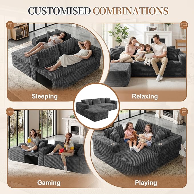 Vongrasig 103" Boneless Couches for Living Room,Sectional Couches Modular Sofa with L-Shaped Chaise, Memory Foam Comfy Cloud Couch with Plush Corduroy Fabric, No Assembly Required, Dark Grey