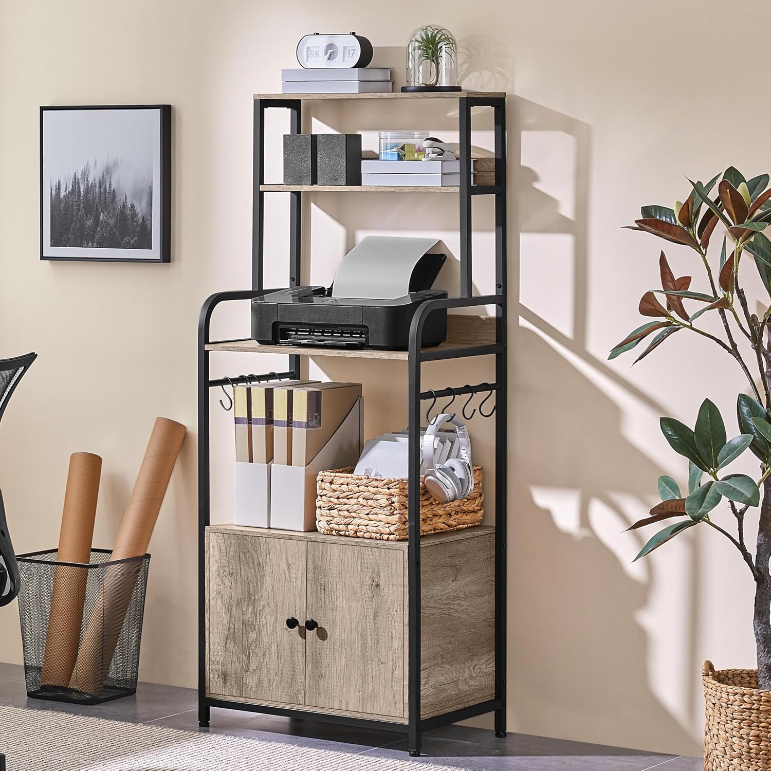 Yaheetech 4-Tier Bakers Rack with Cabinet,Coffee Bar Microwave Stand,Gray | Microwave Oven Stand Pantry Cabinet with S Hooks and Hutch,Freestanding Kitchen Shelves Spice Rack