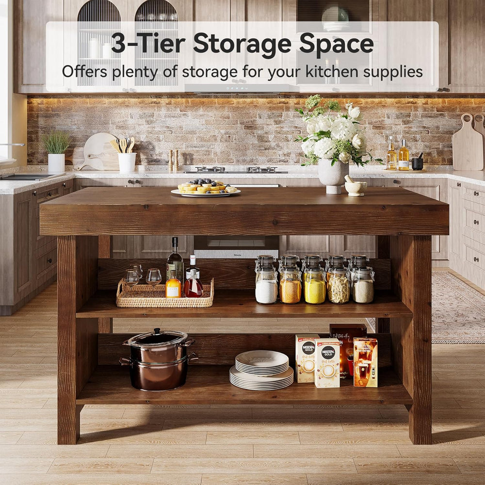 55" Solid Wood Kitchen Island with Storage, Farmhouse Kitchen Island Tab...