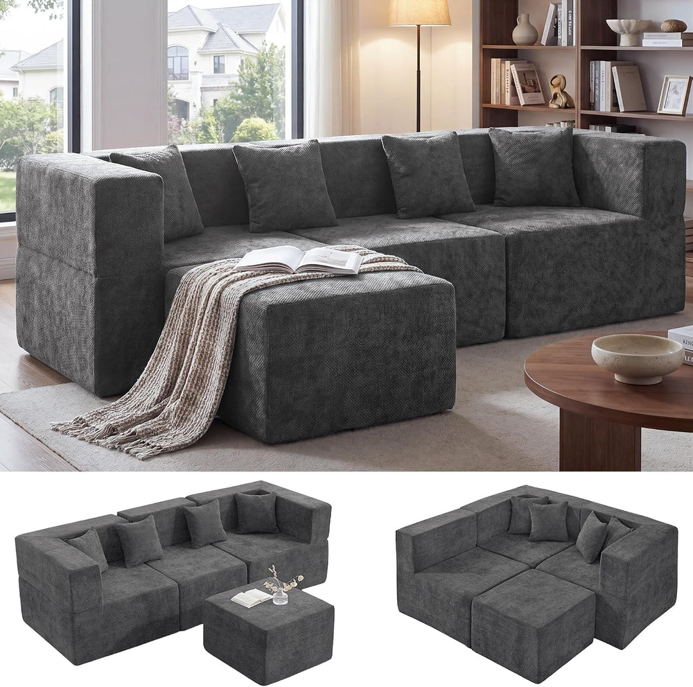 MONVANE L Shaped Sectional Couch Oversized, Chenille, Gray | 4-Seat Sectional...