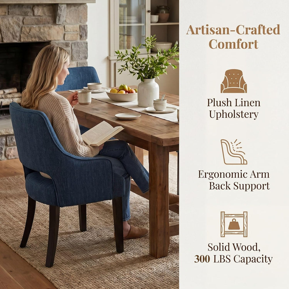 chairus Farmhouse Dining Chairs Set of 2 with Arms, Blue Linen Upholstered Di...
