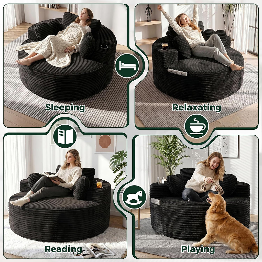 56''Oversized Round Chair Lounge Chaise Indoor with Cup Holders & Side Pocket, Corduroy Cloud Circle Single Boneless Deep Seat Chair, Modern Comfy Floor Sofa with Heart Pillows for Living Room,Bedroom