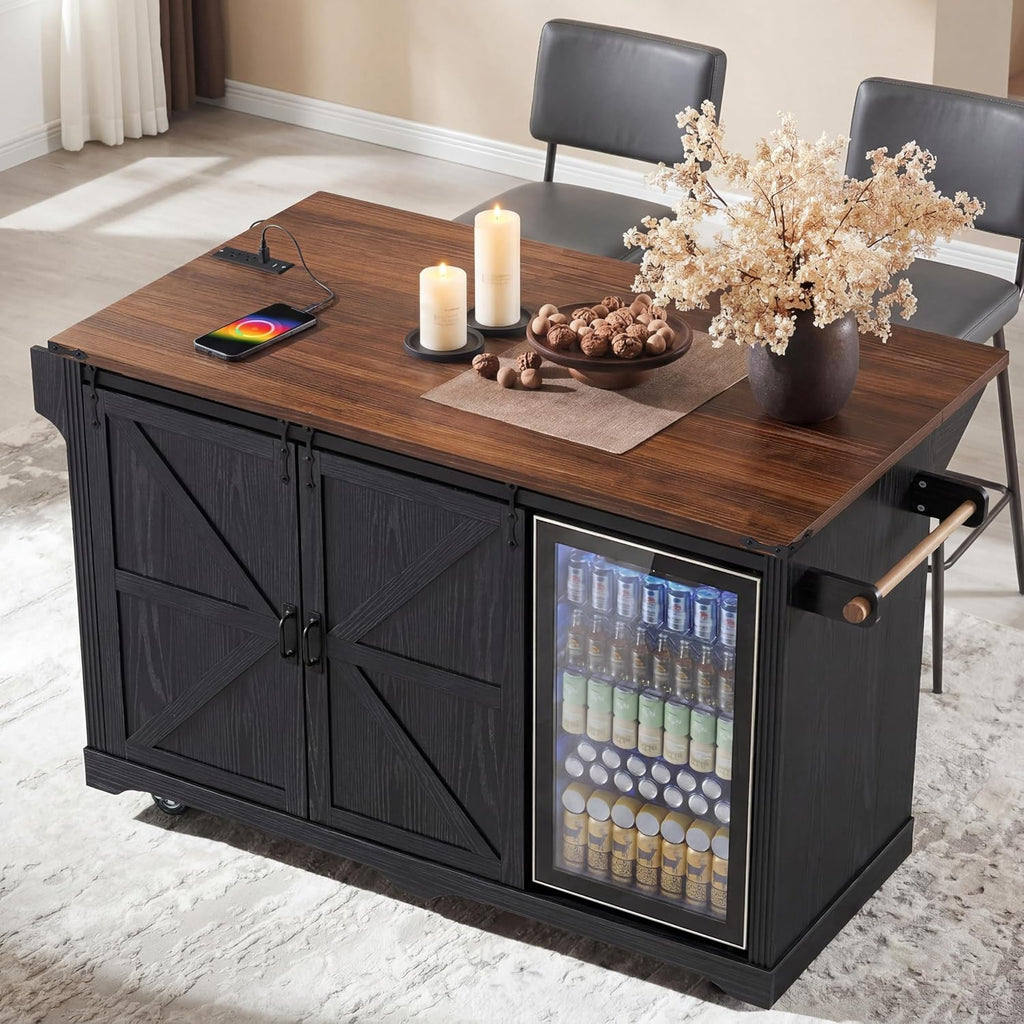 Polibi 72" Farmhouse Kitchen Island Table with with Mini Fridge Storage Space & Power Outlet, Rolling Coffee Bar Cabinet on Wheels with Drop Leaf, 4 Drawers, Sliding Barn Door, Glass Holder, White