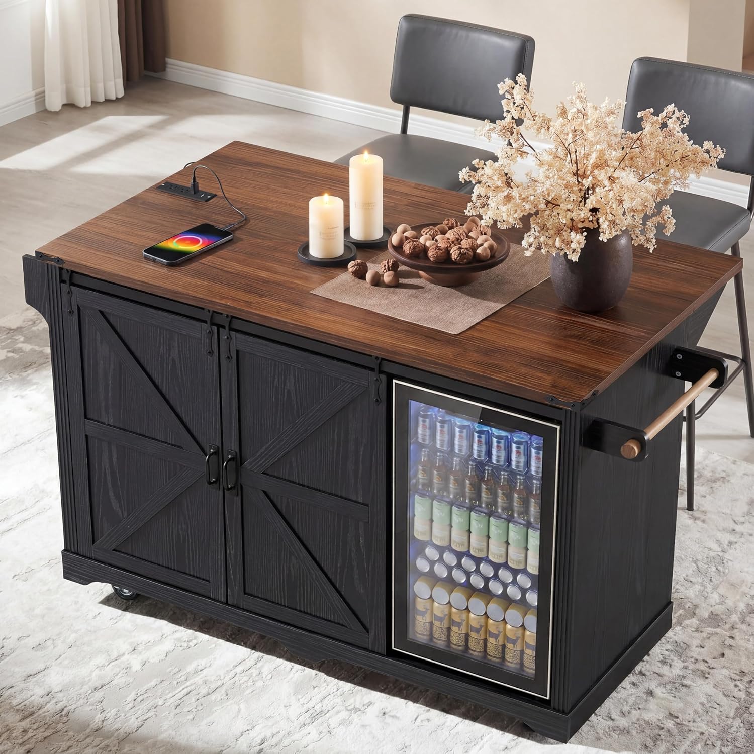 Polibi 72" Farmhouse Kitchen Island Table with with Mini Fridge Storage Space & Power Outlet, Rolling Coffee Bar Cabinet on Wheels with Drop Leaf, 4 Drawers, Sliding Barn Door, Glass Holder, White