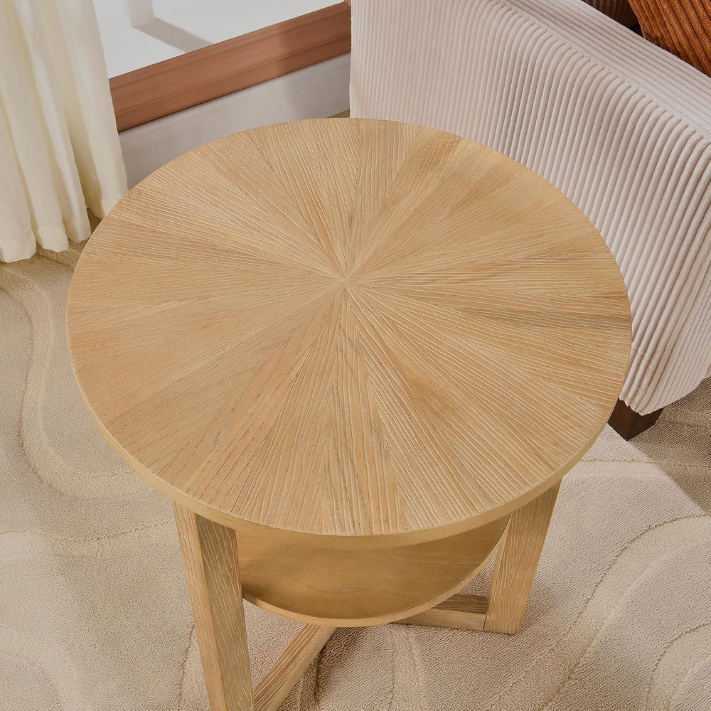 Round End Table, Rustic Side Tables with Storage Shelf, Classic Circular Soli...