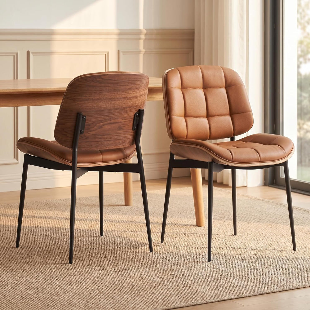 GrandNoor Mid Century Modern Dining Chairs with Walnut Grain Back, Brown Faux...