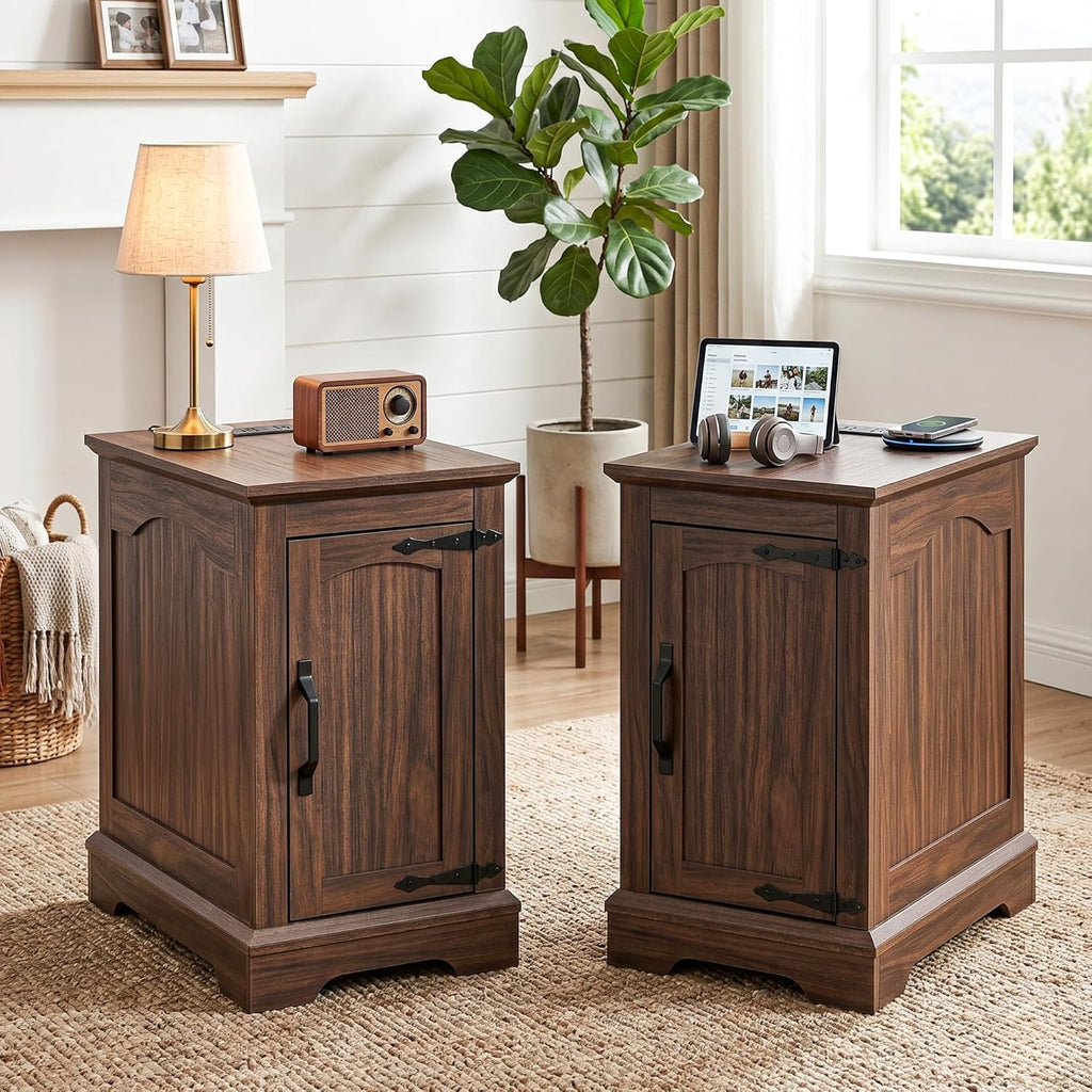End Tables Set of 2 with Charging Station,Narrow Side Table with Storage for Sofa Couch or Bed Side, Farmhouse Nightstand with Wood Door for Bedroom Living Room(Walnut)
