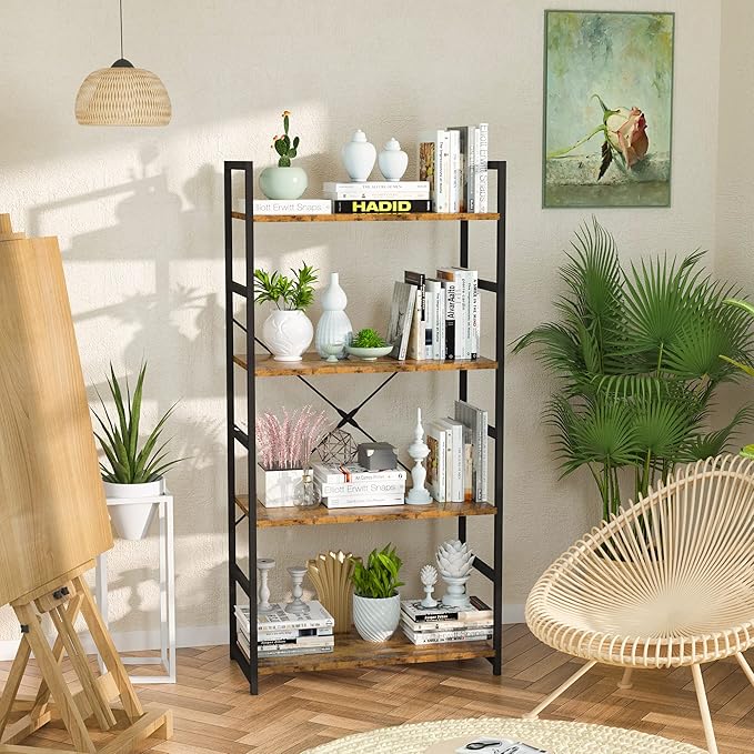 NUMENN 4 Tier Bookshelf, Tall Bookcase Shelf Storage Organizer, Modern Book S...