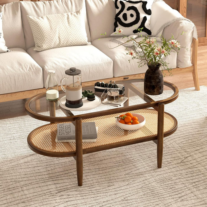 Moccha Boho Coffee Table, 2-Tier Center Table with Tempered Glass Tabletop & PE Rattan Storage Shelf, Mid Century Modern Tea Table with Wood Frame, 40" L Oval Accent Table for Living Room, Office