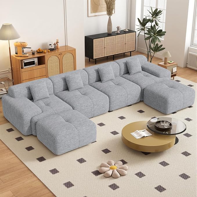 158" U Shaped Convertible Modular Couch, Cloud Couch Sectional with Ottoman, 6-Seater Chenille Boneless Couches for Living Room, Apartment, No Assembly, Light Grey 1PCS