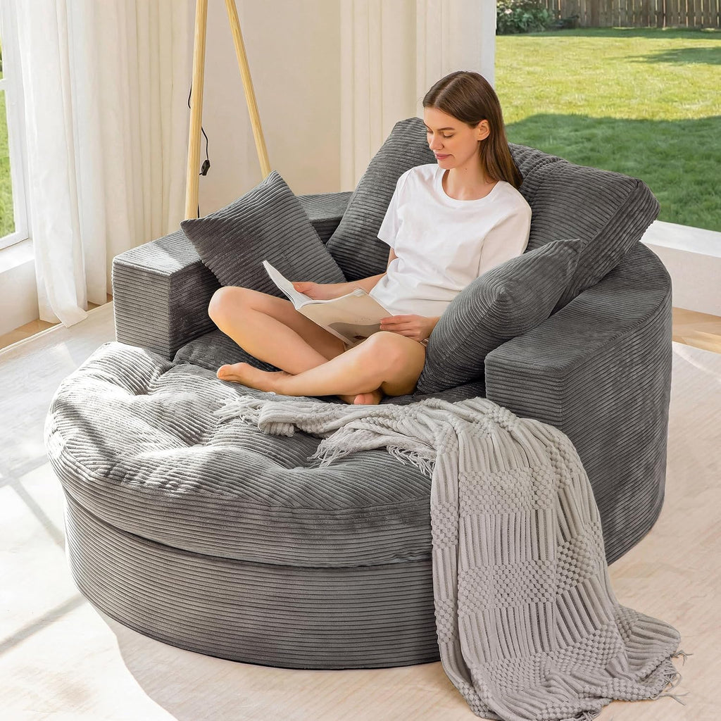 MAXYOYO Oversized Round Chaise Lounge Sofa, Upholstered Lounge Chair with 3 Pillows, Boneless Sofa Couch with Ottoman, Deep Seat Chair for Living Room, Bedroom, No Assembly, Dark Grey