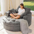 MAXYOYO Oversized Round Chaise Lounge Sofa, Upholstered Lounge Chair with 3 Pillows, Boneless Sofa Couch with Ottoman, Deep Seat Chair for Living Room, Bedroom, No Assembly, Dark Grey