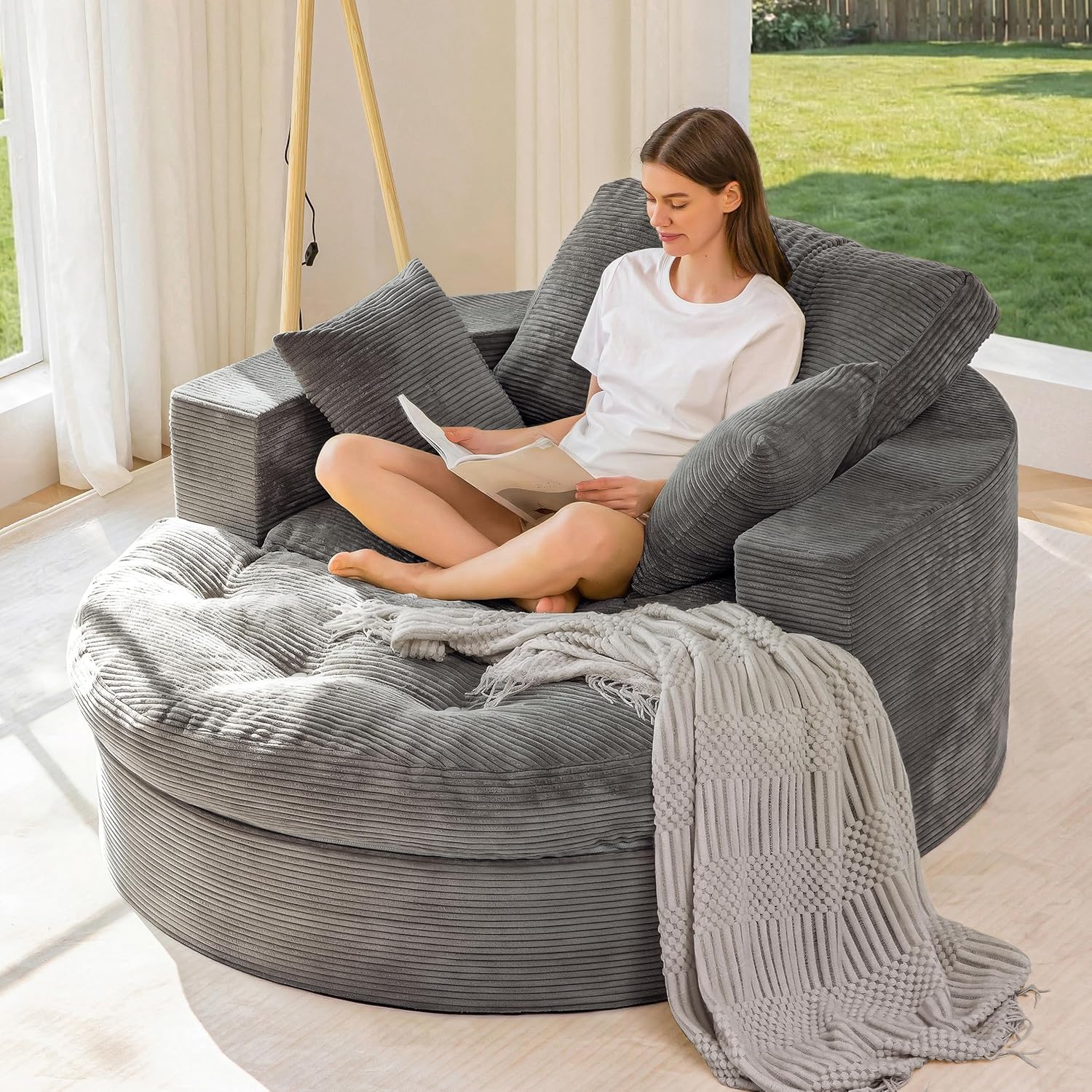 MAXYOYO Oversized Round Chaise Lounge Sofa, Upholstered Lounge Chair with 3 Pillows, Boneless Sofa Couch with Ottoman, Deep Seat Chair for Living Room, Bedroom, No Assembly, Dark Grey