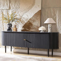 AMERLIFE 70" Mid-Century Modern TV Stand, TV Console Table for TVs up to 80 Inch, Fluted Wood Media Console with Storage, Solid Wood Legs, Embossed Black