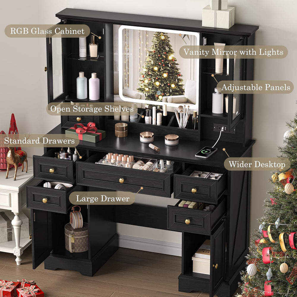 HUANLEGO Farmhouse Makeup Vanity Desk with Mirror and LED Lights, Black | Van...
