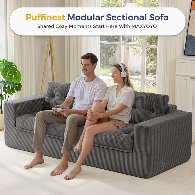 MAXYOYO 79" Loveseat Sofa Couch for Small Spaces, Upholstered Boneless Cloud Couch for Apartment Bedroom, 2-Seater Love Seat Floor Modern Sofa with Pillows, No Assembly Required, Dark Grey