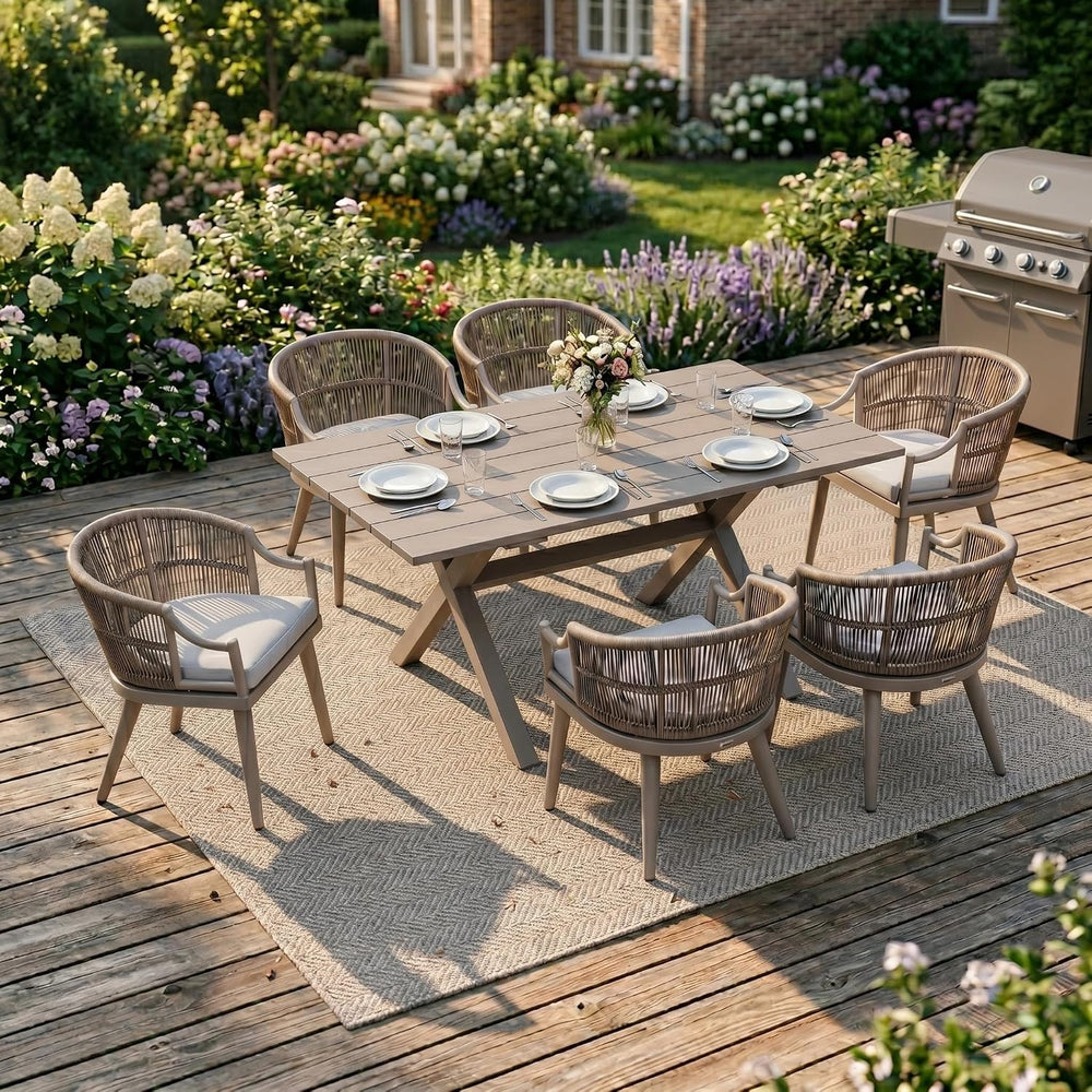 PURPLE LEAF Patio Dining Set for 6 Ergonomic Backrest & Cushion, Champagne
