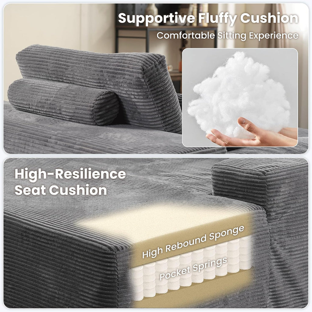 ovios 67'' Chaise Lounge Chair Indoor, Oversized Upholstered Boneless Sofa Bed, Deep Seat Sleeper Couch, Plush Cloud Sofas Couches for Living Room, No Assembly Required (Corduroy, Grey)