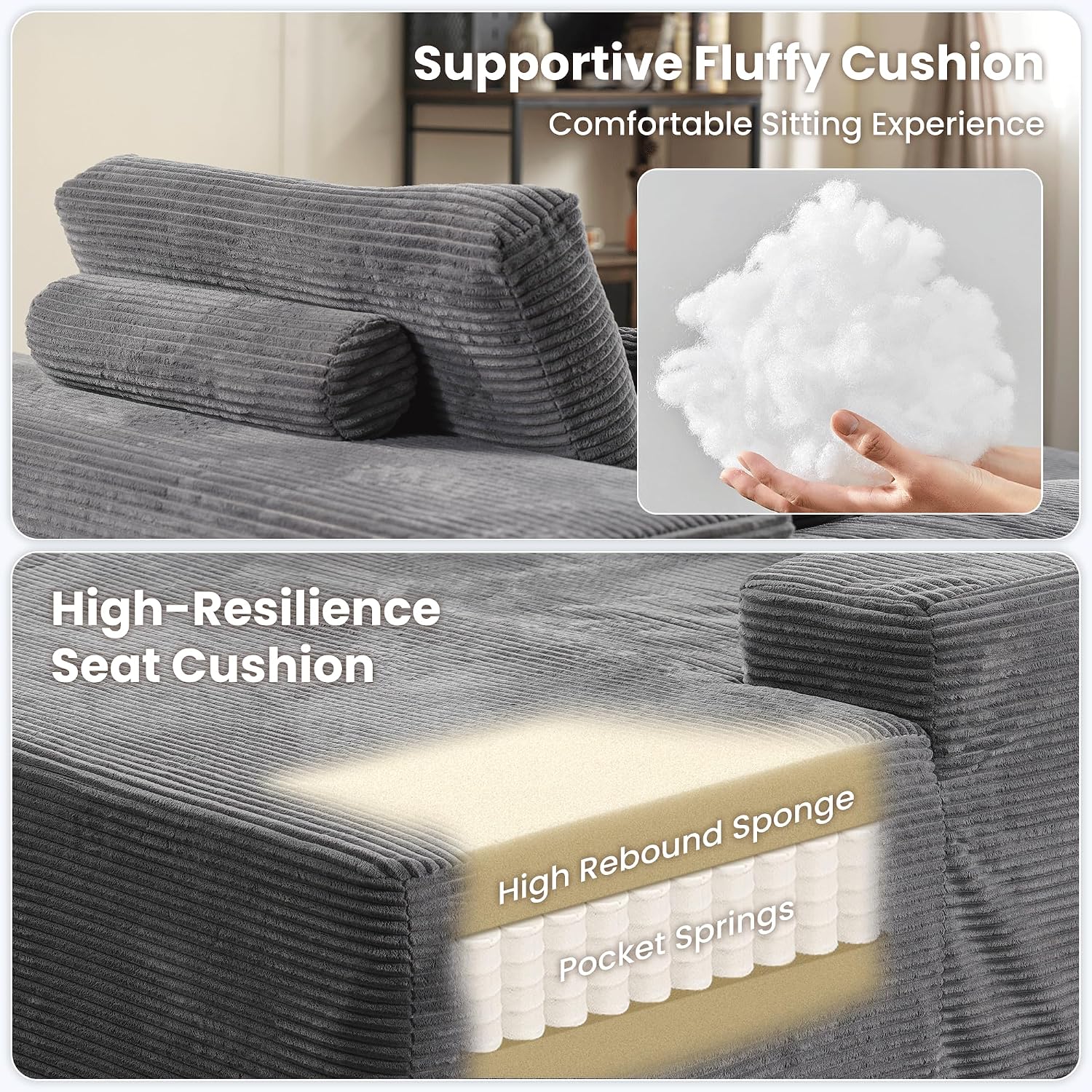 ovios 67'' Chaise Lounge Chair Indoor, Oversized Upholstered Boneless Sofa Bed, Deep Seat Sleeper Couch, Plush Cloud Sofas Couches for Living Room, No Assembly Required (Corduroy, Grey)