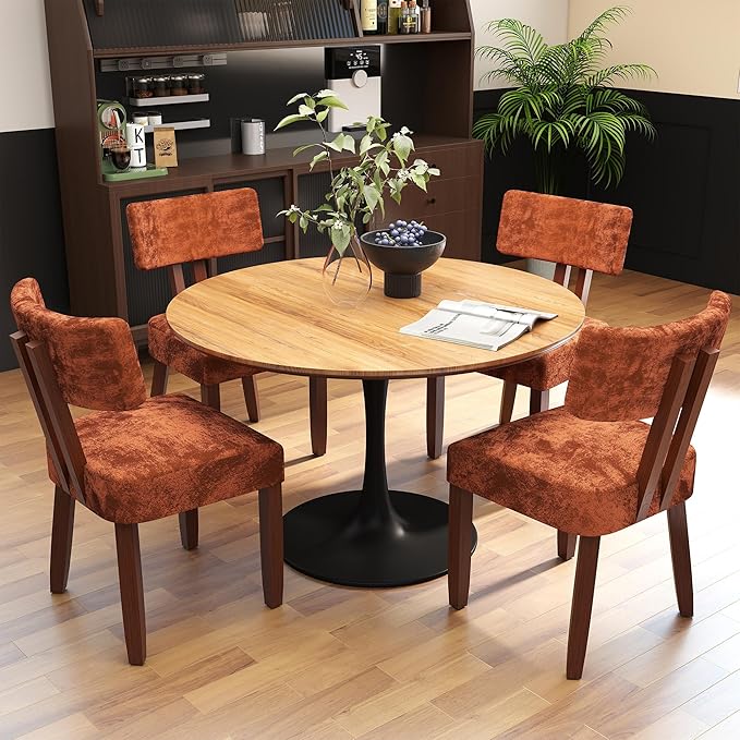 GOTMINSI Mid Century Modern Dining Chairs,Velvet Farmhouse Upholstered Kitchen Chairs, Accent Curved Backrest Dining Room Chairs with Hardwood Legs (Caramel-Walnut Legs, 2PCS)