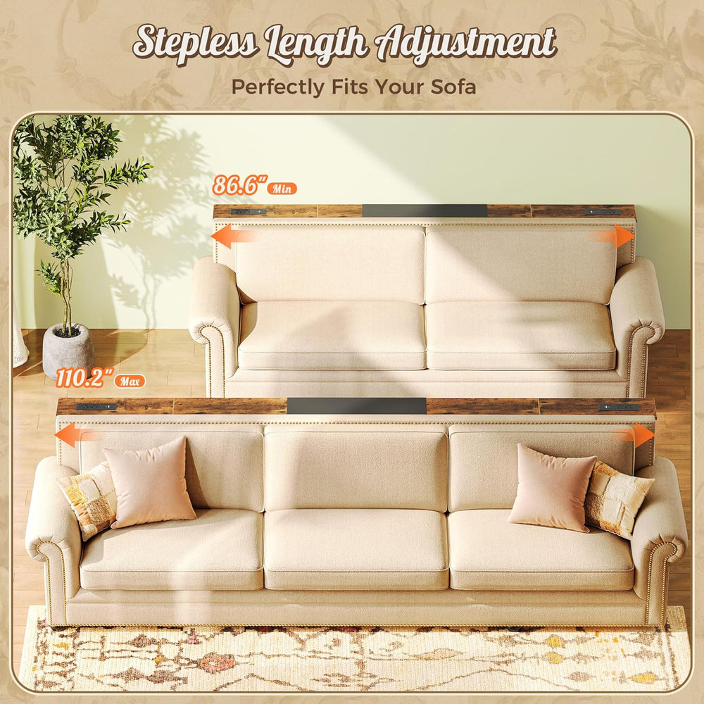 Huuger Narrow Sofa Table with 2 Power Outlets, 86.6-110.2 Inch Adjustable Len...