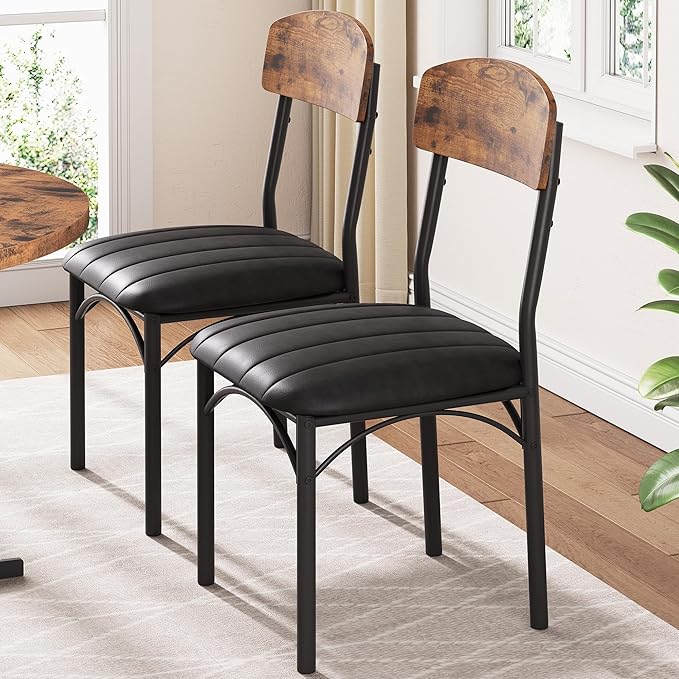 Dining Chairs Set of 4 - Upholstered Dining Room Chairs with PU Leather, Industrial Kitchen Chairs with Wooden Backrest and Thickened Metal Legs, for Dining Room, Living Room (Vintage)