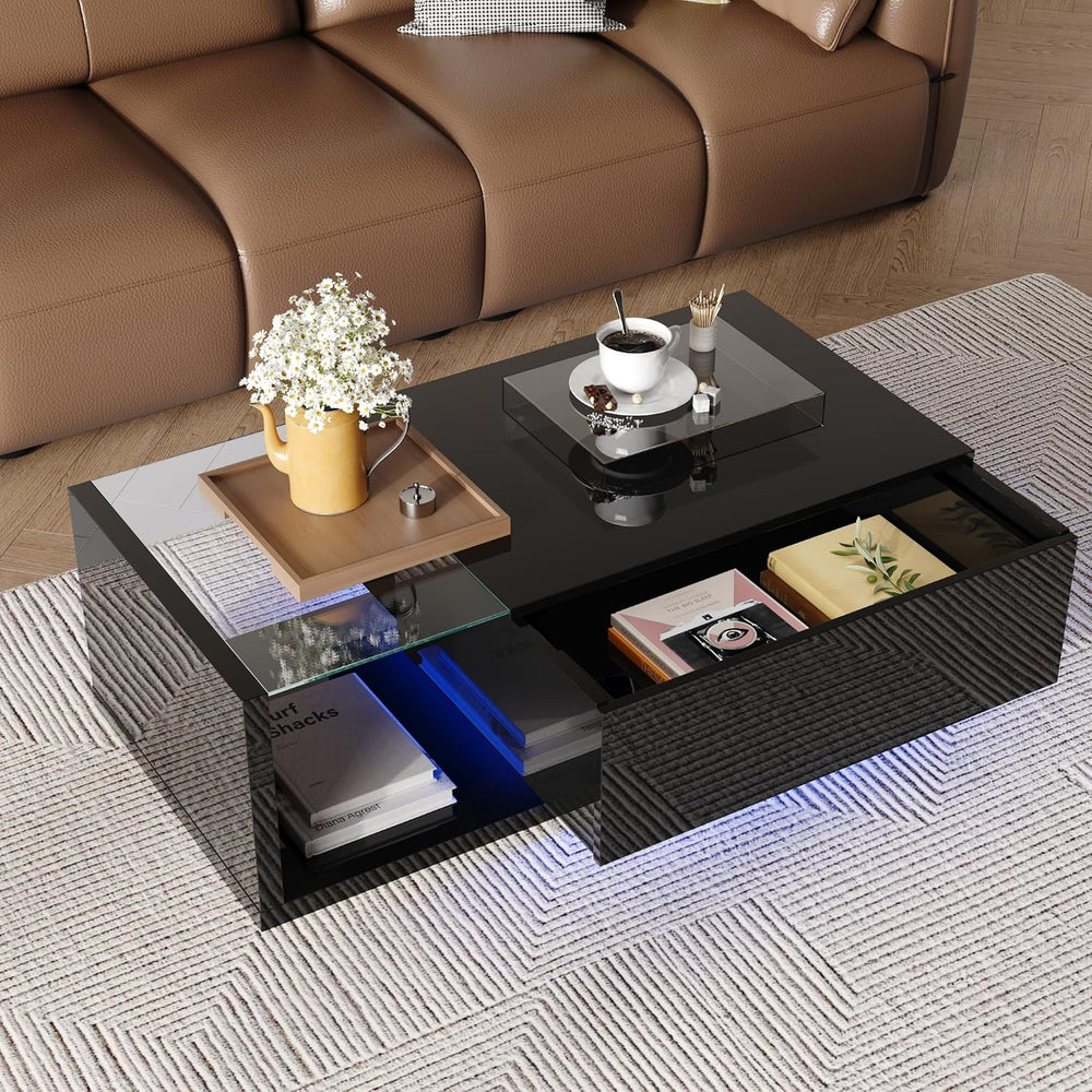 holzart Compact Low-Profile Coffee Table with LED Lights & Storage, 39.4&...