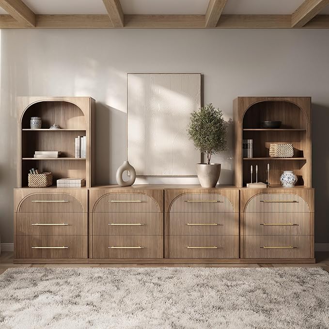BELLEZE 6-Piece Modular TV Stand Set - 4 Sideboards with Drawers and 2 Storage Hutch, Classic Modern Media Console Table Cabinet for Living Room (Camel)