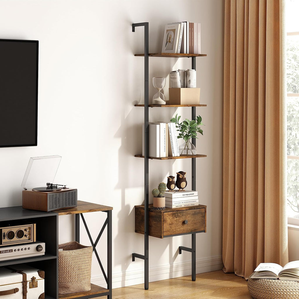 4 Tier Wall Ladder Bookshelf with Drawers, Wall Mounted Shelf, Wooden Wall Ladder Shelf Bookcase, Industrial Ladder Shelf with Storage Shelves for Office, Bedroom, Living Room, Rustic Brown