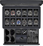 ROTHWELL Luxury Watch Box for 12 Watches – PU Leather Watch Box with Real Glass Lid – Slide out Accessory Drawer with Multiple Compartments (Carbon)