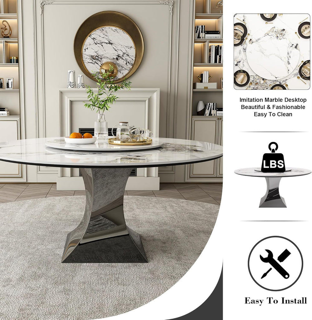 Montary 59” Modern Round Dining Table for 6-8, Artificial Marble Dining Room ...