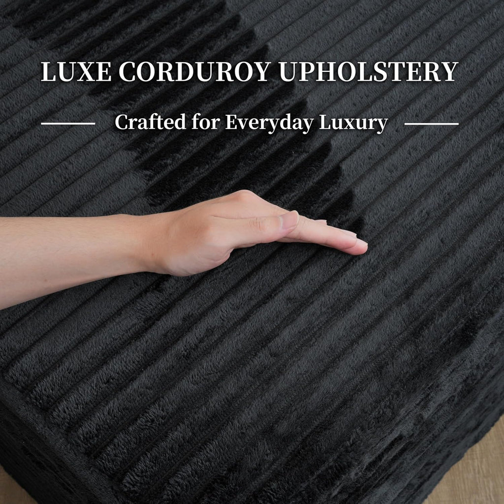 25.6" Corduroy Ottoman Foot Rest,Plush Memory Foam Couch Ottomans,Boneless Compressed Sofa in a Box for Living Room No Assembly Require,Black