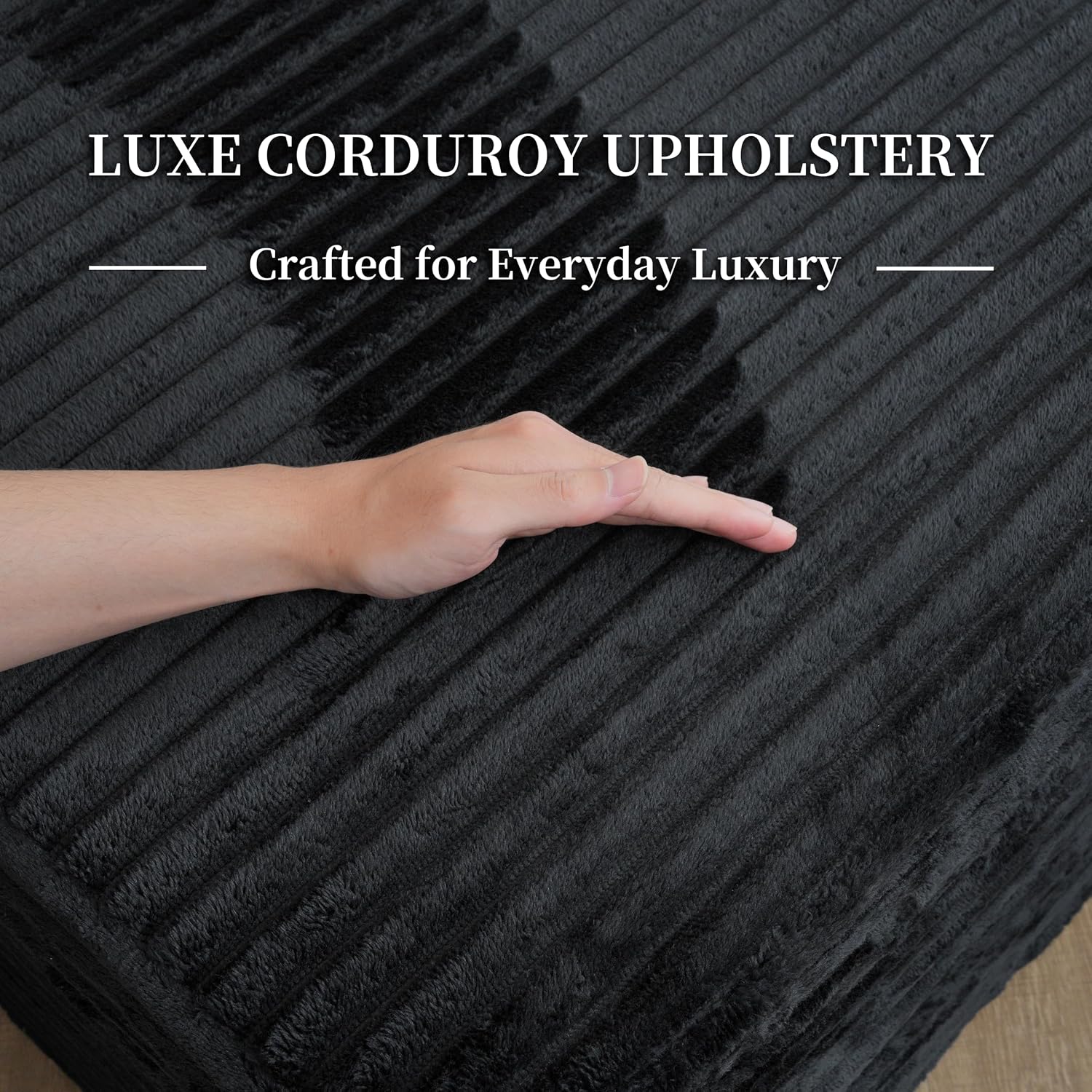25.6" Corduroy Ottoman Foot Rest,Plush Memory Foam Couch Ottomans,Boneless Compressed Sofa in a Box for Living Room No Assembly Require,Black