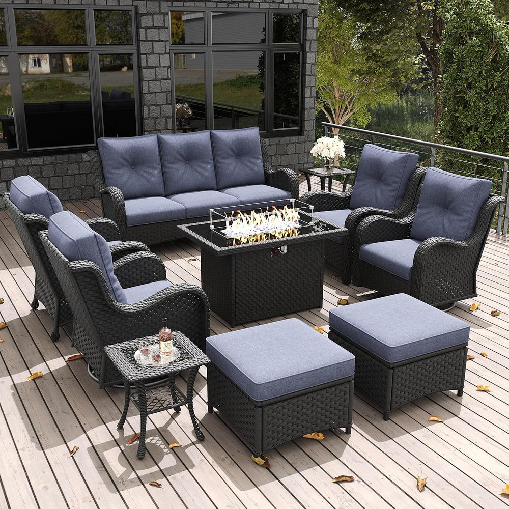 LayinSun 10 Pieces Outdoor Patio Furniture Set with Fire Pit Table, Rattan Wi...