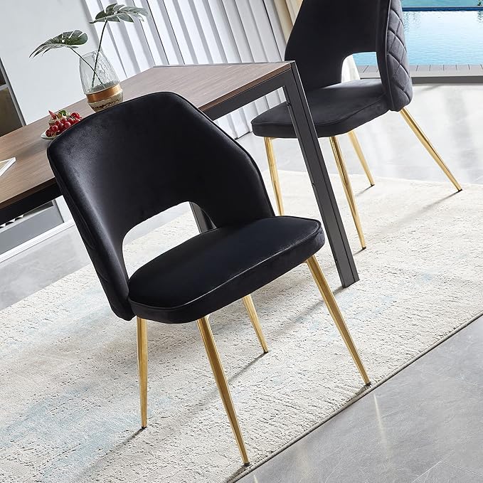 NORDICANA Modern Dining Chair Set of 2, Black Velvet Fabric Upholstered Accent Chairs with Golden Metal Legs, Round Back Side Chairs for Kitchen Living Room Bedroom