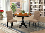 East West Furniture AMBR3-BCH-17 3 Piece Dining Table Set Contains a Round Kitchen Table with Pedestal and 2 Light Sable Linen Fabric Upholstered Kitchen Chairs, 36x36 Inch, Black & Cherry