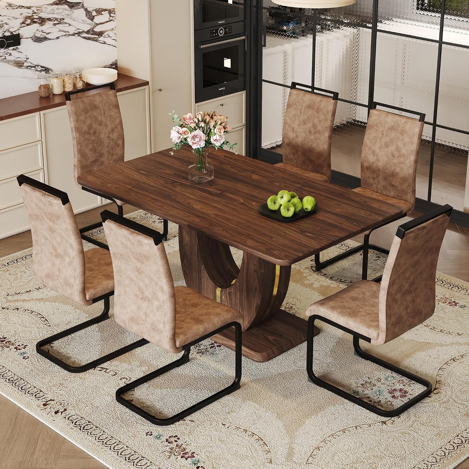 JUFU Dining Table Set for 6, 63 Inch Rectangular Kitchen Table and 6 PU Upholstered Chairs, Walnut Wood Grain MDF Tabletop, U-Shaped Pedestal Base, Modern Dining Room Set for Kitchen, Apartment