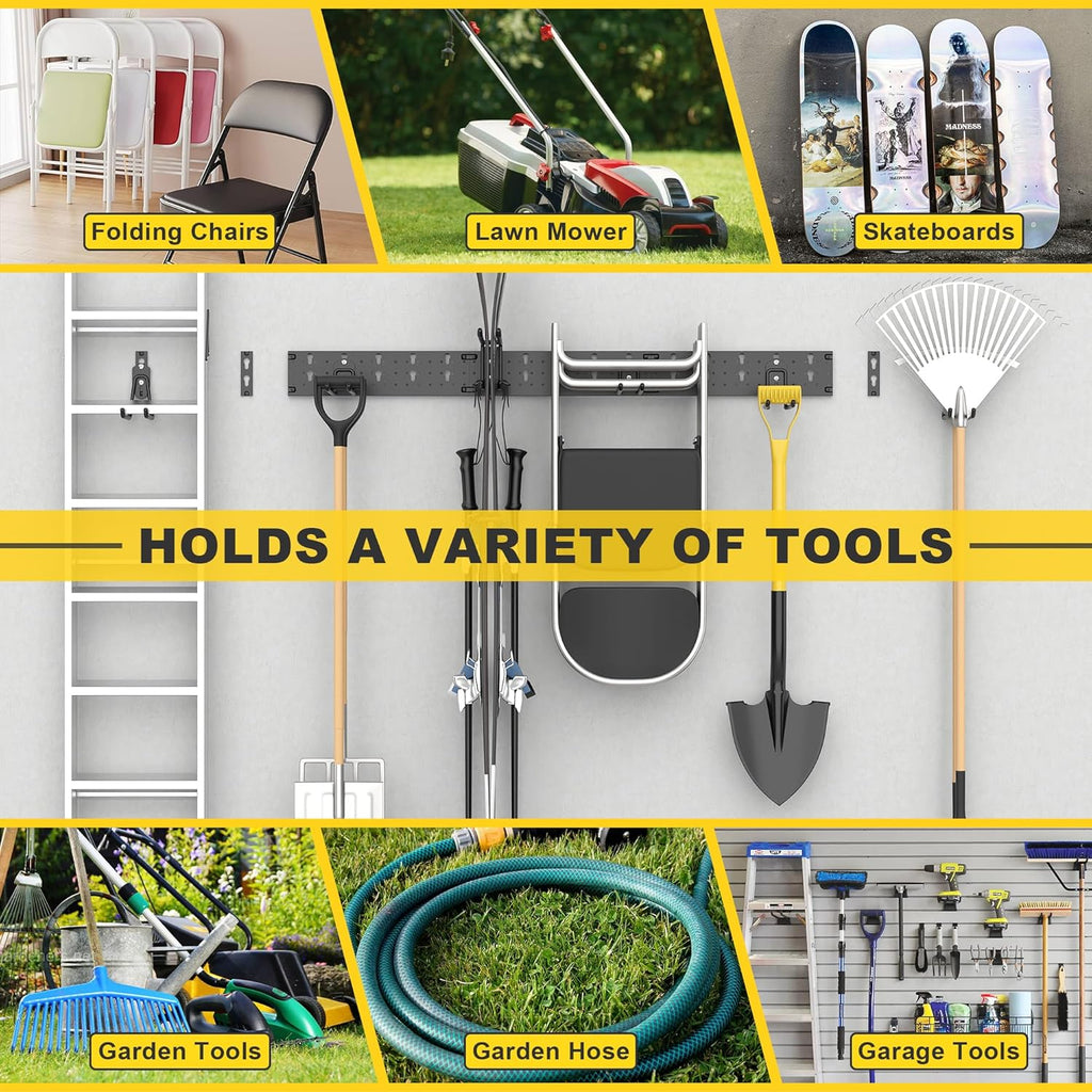Ultrawall Garage Storage Organization, Versatile Storage Hooks Garden Tool Organizer Wall Mount, 64 Inch Yard Tool Organizer Hangers for Shovels, Rakes, Ladders, 19pcs Black