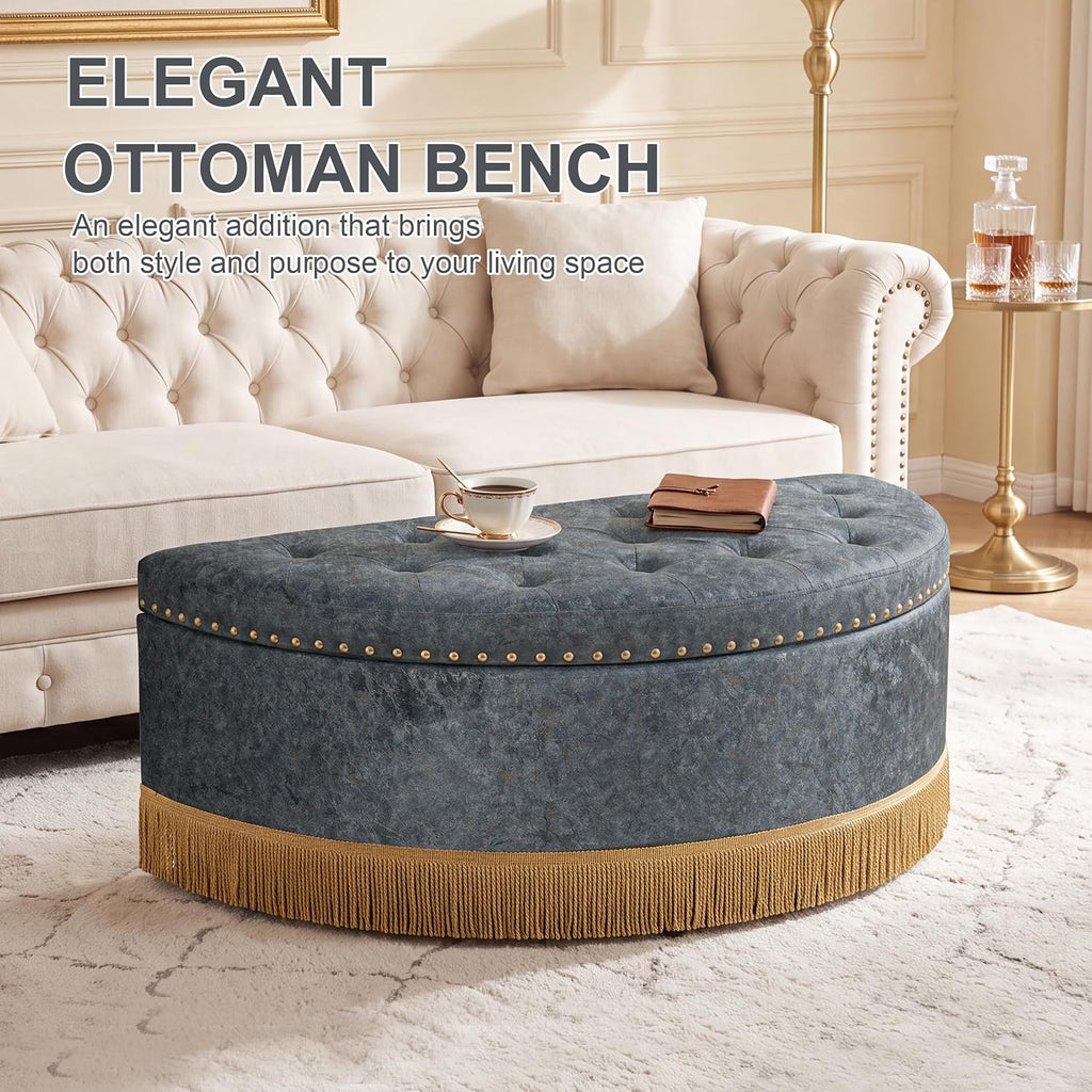 Homebeez 43.3" Half Moon Ottoman, Velvet Tufted Upholstered Footstool, with Nailhead Trim & Bullion Fringe, Decorative Accent Seating for Living Room, Bedroom, Entryway, Vanity, Vintage Furniture