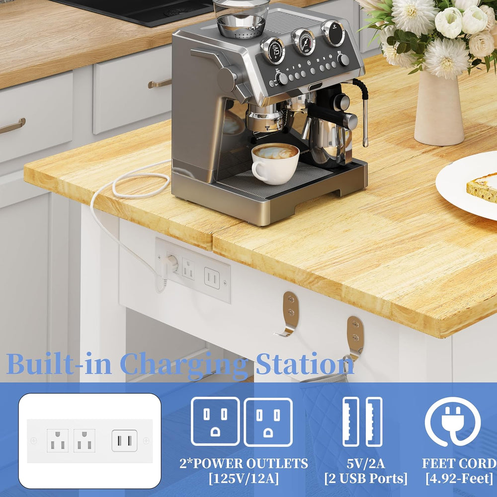 DynJest 60" Solid Rubberwood Kitchen Island with Power Outlets, Hooks,Wh...
