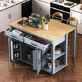 Kitchen Cart with Rubber Wood Drop-Leaf Countertop,Cabinet Door Internal Storage Racks,Kitchen Island on 5 Wheels with Storage Cabinet and 3 Drawers for Dinning Room, Black (Grey+ Blue)
