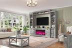 AMERLIFE 98in Farmhouse Entertainment Center with 36" Fireplace, TV Stand, Bookshelves, Wine Cabinet, Fits 75" TVs, Large Wall Unit Media Console with Power Outlets & Barn Doors, Living Room, Grey