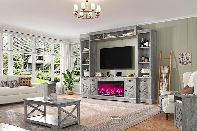 AMERLIFE 98in Farmhouse Entertainment Center with 36" Fireplace, TV Stand, Bookshelves, Wine Cabinet, Fits 75" TVs, Large Wall Unit Media Console with Power Outlets & Barn Doors, Living Room, Grey