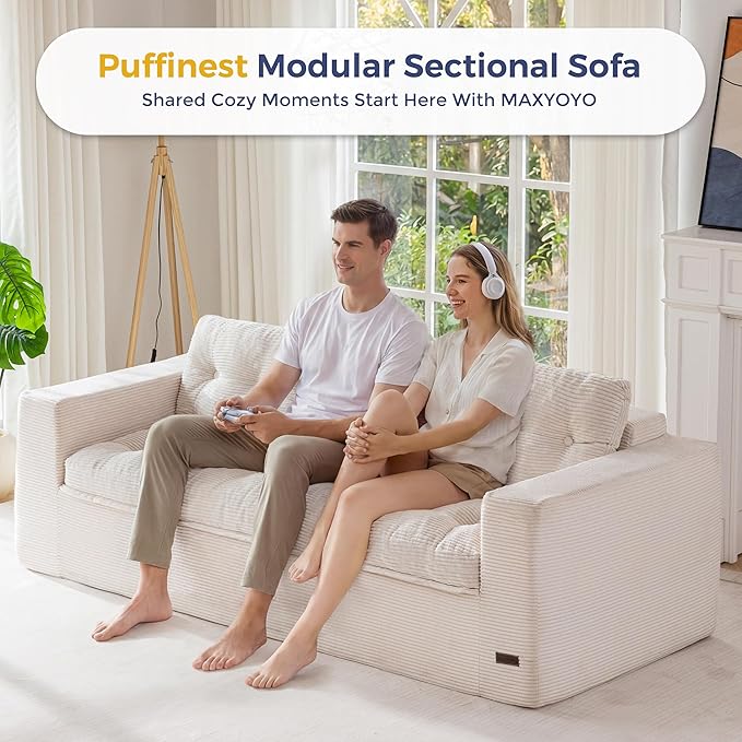 MAXYOYO 79" Loveseat Sofa Couch for Small Spaces, Upholstered Boneless Cloud Couch for Apartment Bedroom, 2-Seater Love Seat Floor Modern Sofa with Pillows, No Assembly Required, Beige