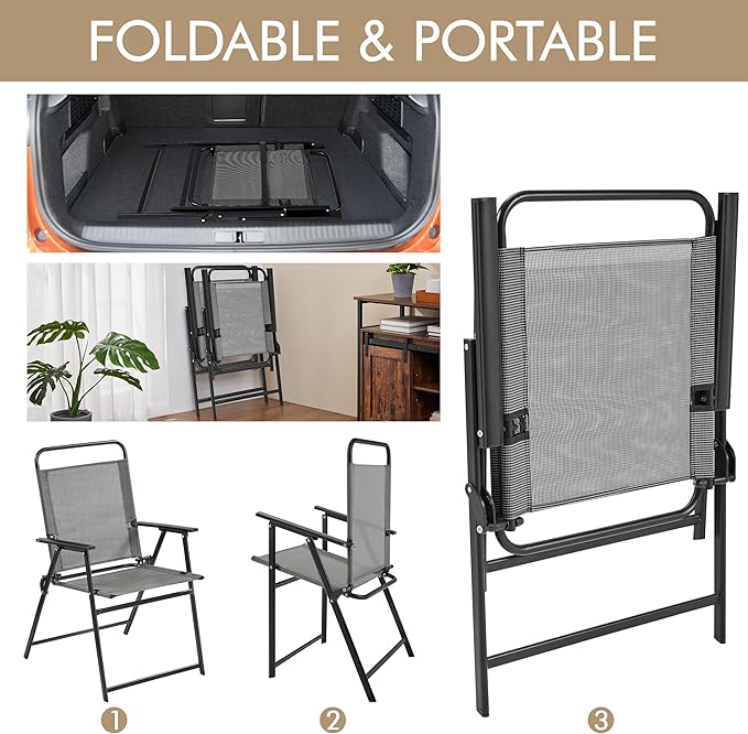 Yaheetech Outdoor Patio Chairs Set of 2, Folding Patio Chairs with Metal Frame, Armrests, Portable Dining Chairs for Camping, Lawn, Garden and Porch, Gray