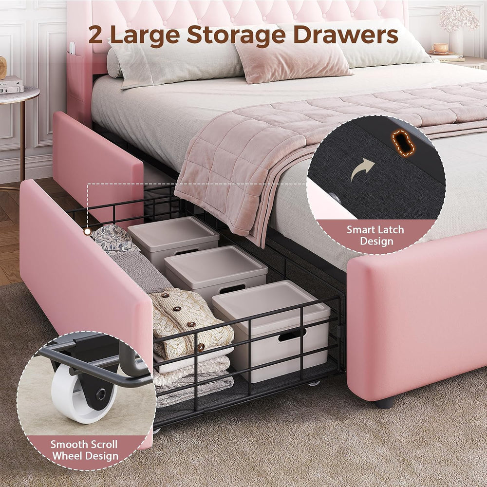 Queen LED Velvet Bed Frame with 2 Storage Drawers&Hidden Headboard, Uphol...