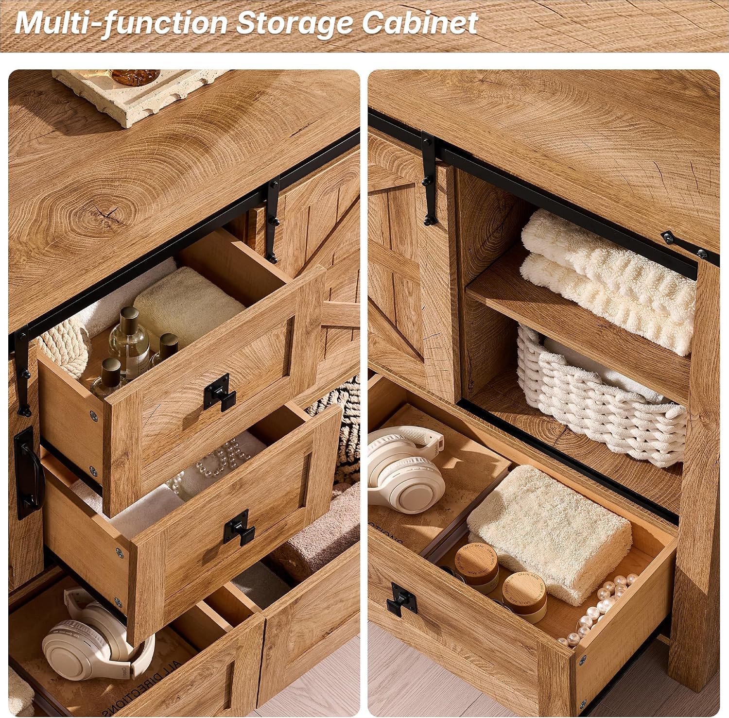T4TREAM 48" Wide Farmhouse Sideboard Buffet Cabinet, Light Tree Knot | 31.2" Tall Kitchen Cabinet with Storage, 2 Sliding Barn Doors, 4 Drawers, Rustic Wood, Coffee Bar Table, Dining Room