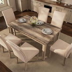 Morden Fort Rustic Dining Table Set for 6, Farmhouse Kitchen Dining Chairs for 6, Charming 60" Rectangular Wooden Table&6 Upholstered Chair with Nailhead Accents for Dining Hub,Breakfast Nook