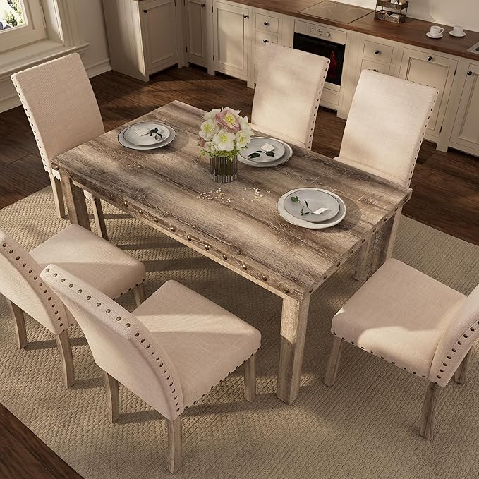 Morden Fort Farmhouse Style Dining Chairs Set of 2, Rustic Upholstered Kitchen & Dining Room Chairs with Rivet Detailing, Solid Wood Legs & Sturdy Wooden Chair Design for Comfortable Seating