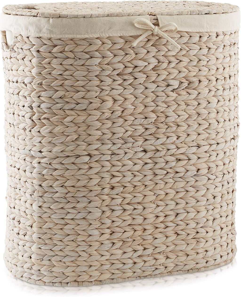 Casafield Oval Laundry Hamper with Lids and Removable Liner Bags - Whitewash, Woven Water Hyacinth 2-Section Laundry Basket Sorter for Clothes, Towels